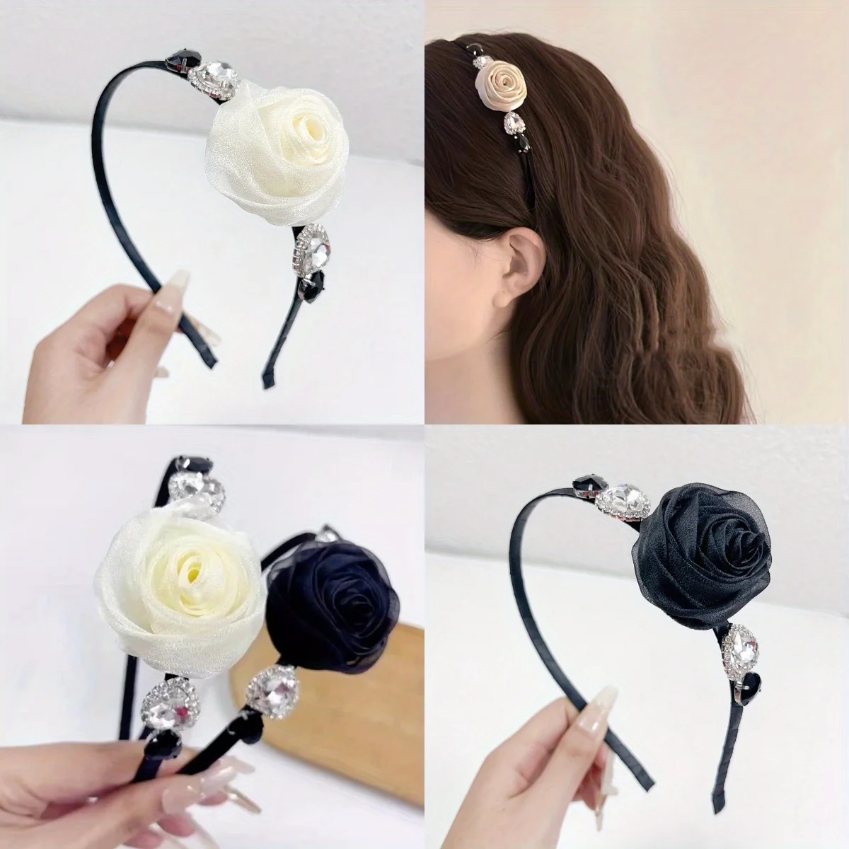 

Korean Wedding Hair Accessory Vintage Chiffon Rose Headband with Rhinestone Heart Elegant Bridal Design