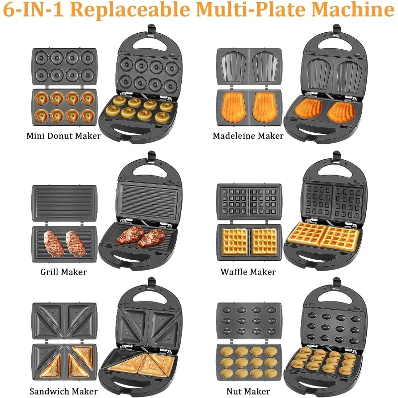 6 in 1 Mini Waffle Maker with Removable Plates, Mini Donut Maker Machine Multi Breakfast Sandwich Maker with Non-stick Surfac