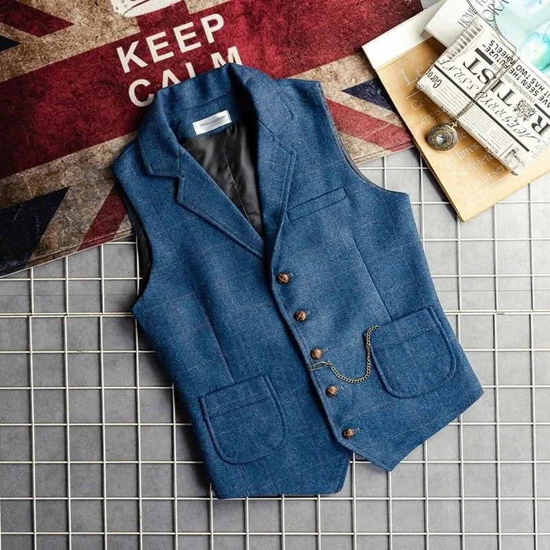 Men's Vest Dress Blue Waistcoat Jacket Male Formal Gilet Woolen For Mens Jeans Slim Fit Casual Business Victorian Clothing