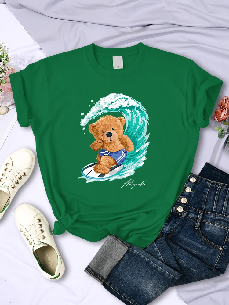 A Teddy Bear Who Loves Surfing Tshirt Women Hip Hop Harajuku Short Sleeve Summer Gothic Clothes Casual Pulovers T-Shirt Female