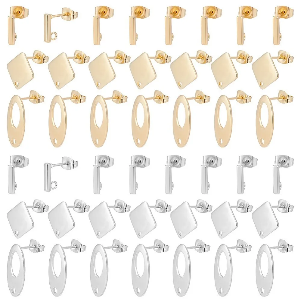 60 Peças de Base para Brinco de Aço Inoxidável 304 com 80 Peças de Tarraxas de Aço Inoxidável 304, Formatos Variados 10~18.5x2~9.5x1~2mm