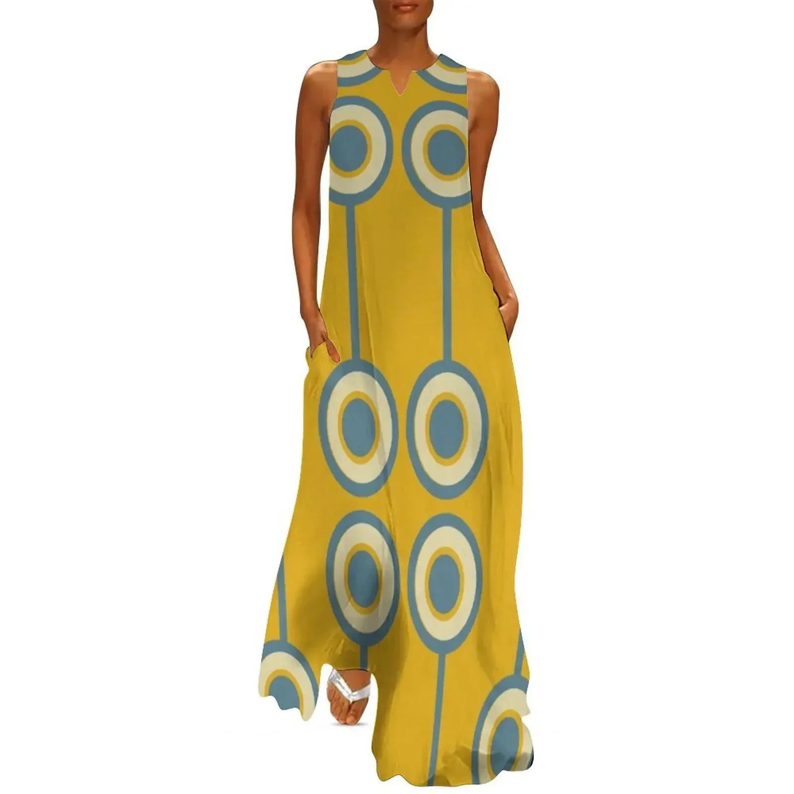 

60s Vintage Retro Groovy Hippie Circle Classic Mustard Yellow Pale Teal Long Dress Long dress woman Dress