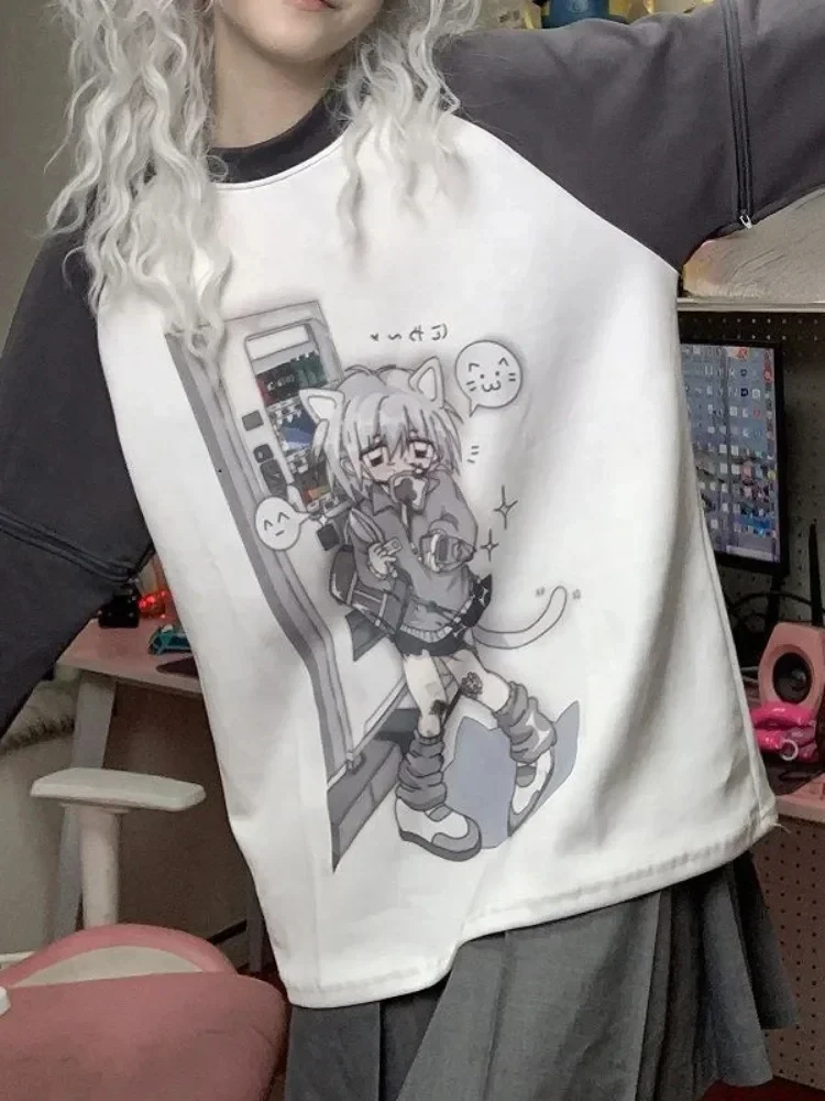 Harajuku Kawaii T-Shirt Women Sweet Japanese Gothic Subculture Loose Letter School Student Tees Long Sleeve Top Spring Outwear
