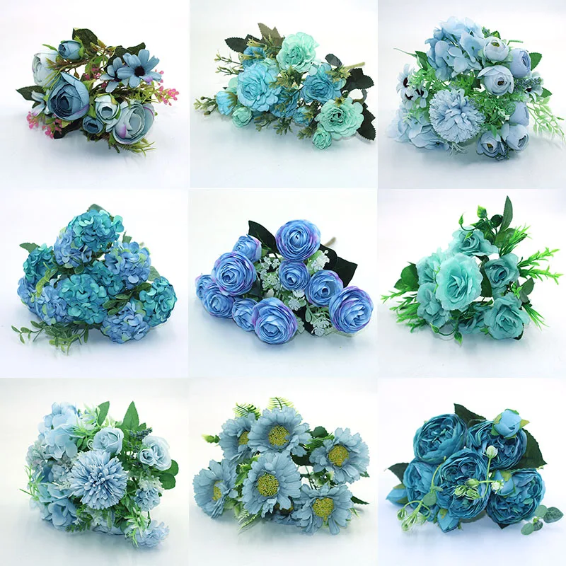 Blue 1 bunch of artificial flowers, silk roses, peonies, hydrangeas, chrysanthemums, various household wedding party decorations