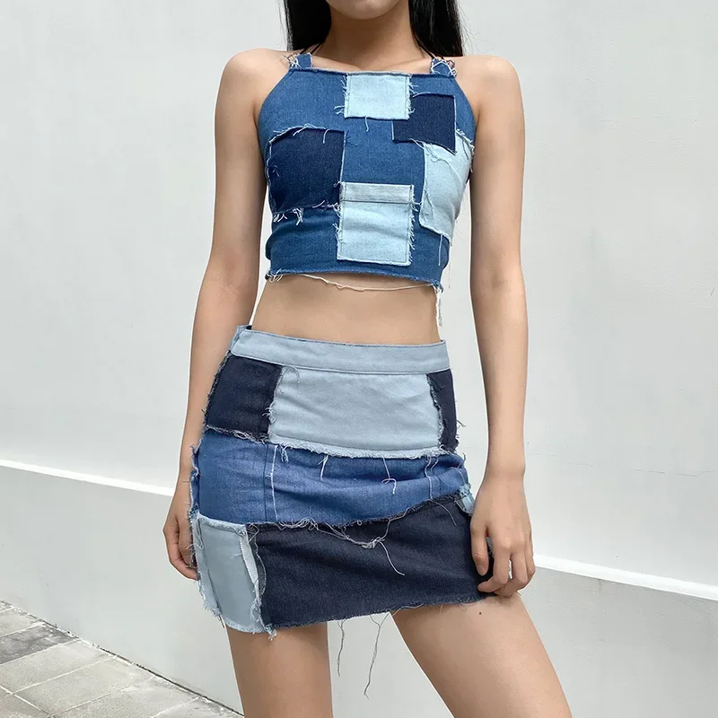 2024 Summer Cami Tops Vintage Patchwork Blue Denim Crop Top Women Sexy Slim Backless All-Match New Drawstring Jeans Camisole