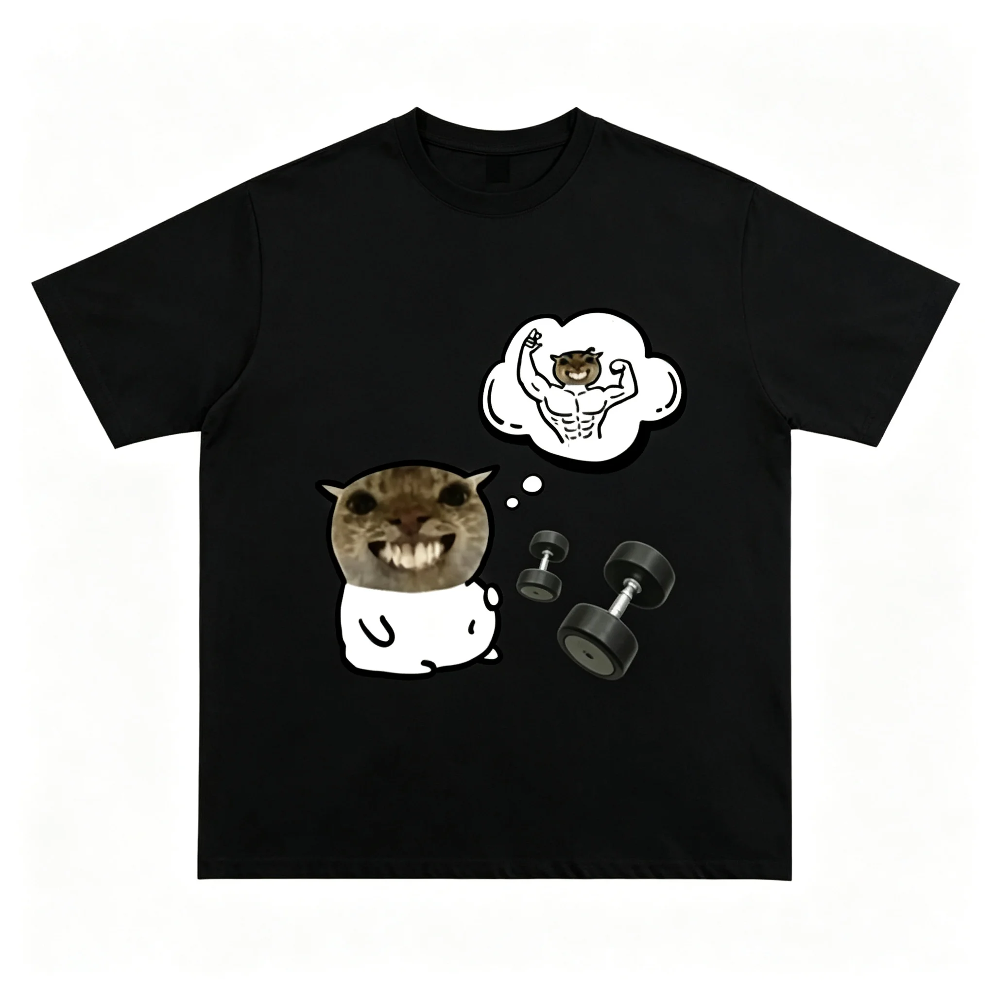 Smiling Cat Men's T-shirts Meme Gym Muscle Dream Dumbbell Graphic Cotton T-Shirt Chest Print White Unisex Crew Neck Short Sleeve