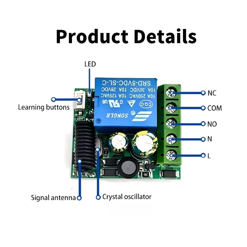 AC 220V 433MHz RF 1-Channel Wireless Relay Receiver Garage Door Transmitter Remote Control Switch