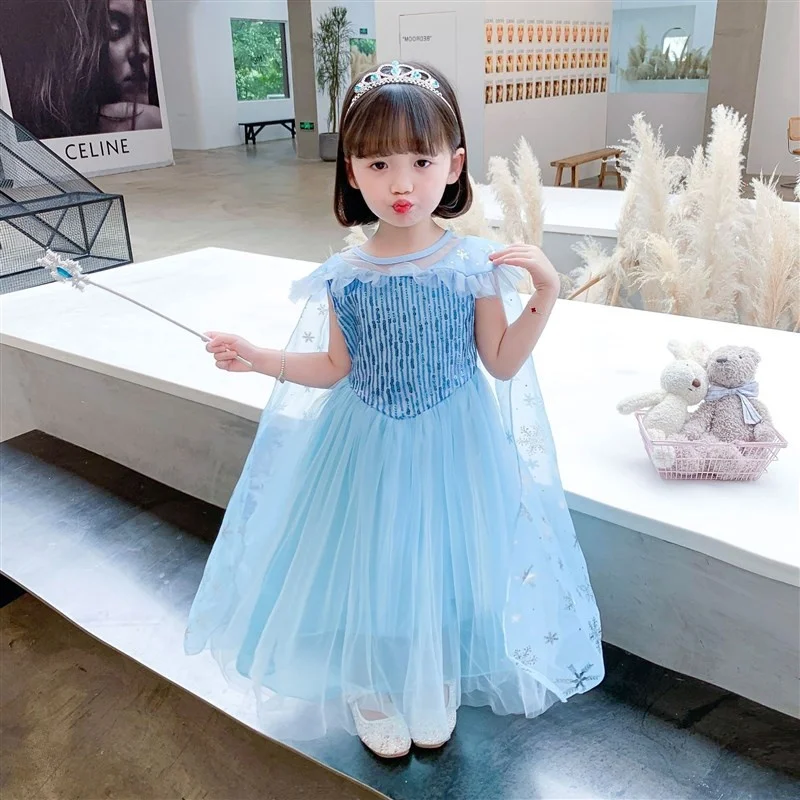 

Halloween New Style Children's Princess Elsa Dress Girls Summer Performance Costume Sparkling Ice Queen Outfit Little Girls