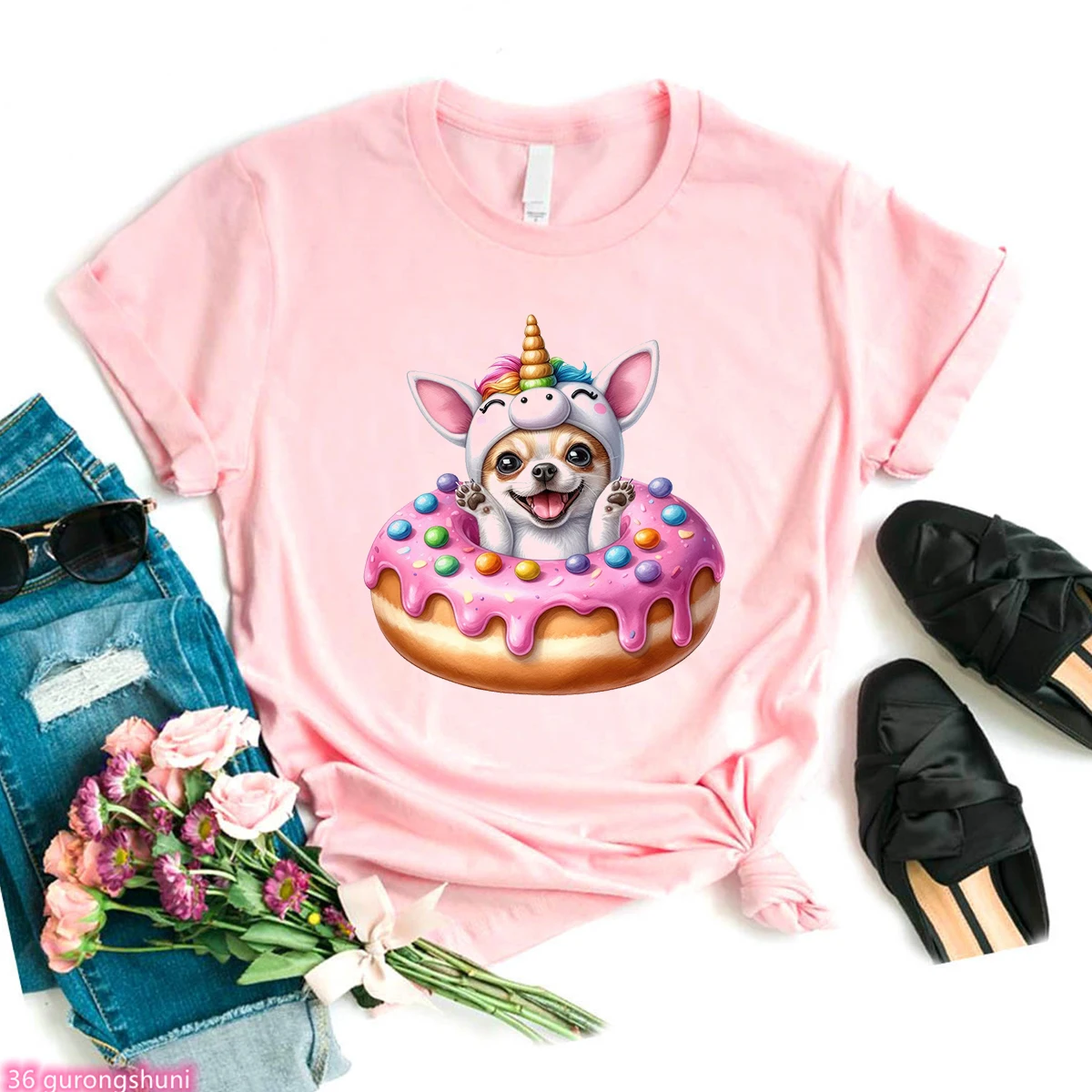 Cute Dogs Unicorn Donut Dog Print Tshirt Girls Kawaii Dog Lover T Shirt Women Harajuku Shirt Summer Casual T-Shirt Female Tops