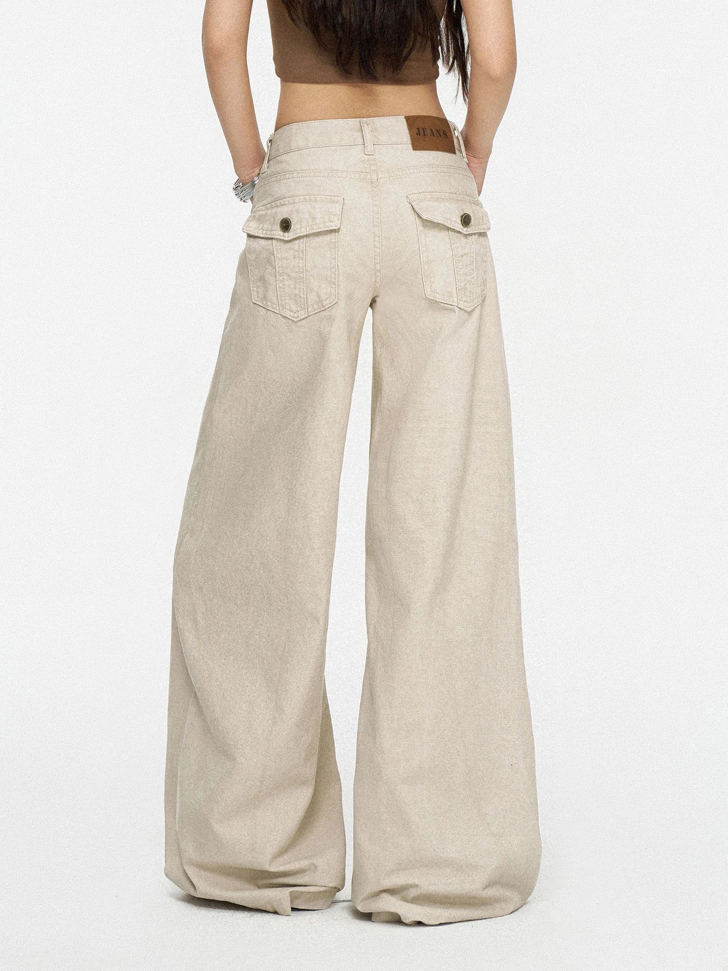 TGXQ American Style Faded Apricot Denim Pants Women's Low Waist Slimming Loose Floor-Length Wide Leg Casual Trousers