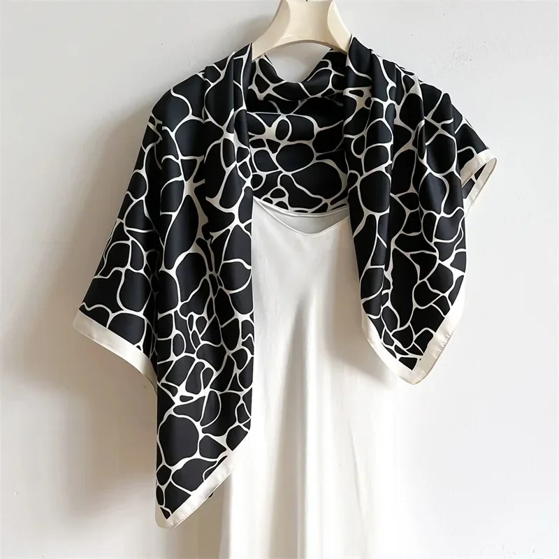 90*90cm Korean Popular Silk Scarf Women Shawls Fashion Bandannas Print Sunscreen Kerchief Luxury Square Scarves Ribbon Hairband