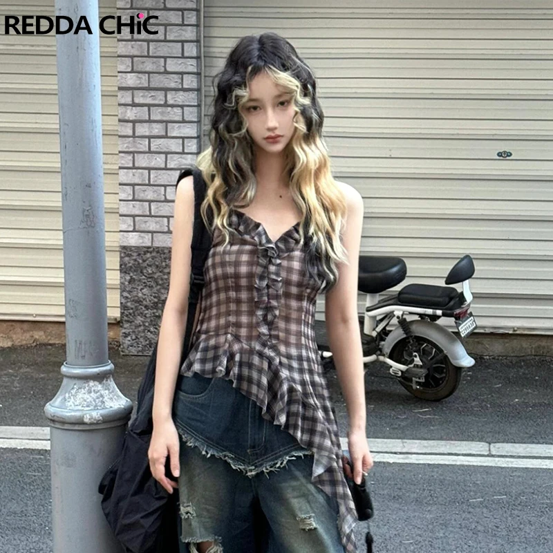 

ReddaChic Irregular Ruffle Hem Women's Top Brown Y2k Retro Tartan Mesh Frilly Spaghetti Strap Plaid Camisole Harajuku Streetwear