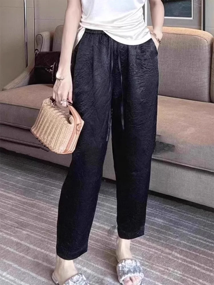 

Casual Ice Silk Quick Dry Nine-Foot Harem Pants Women Summer Thin Loose High Waist Draped Acetate Mom Straight Leg Pants