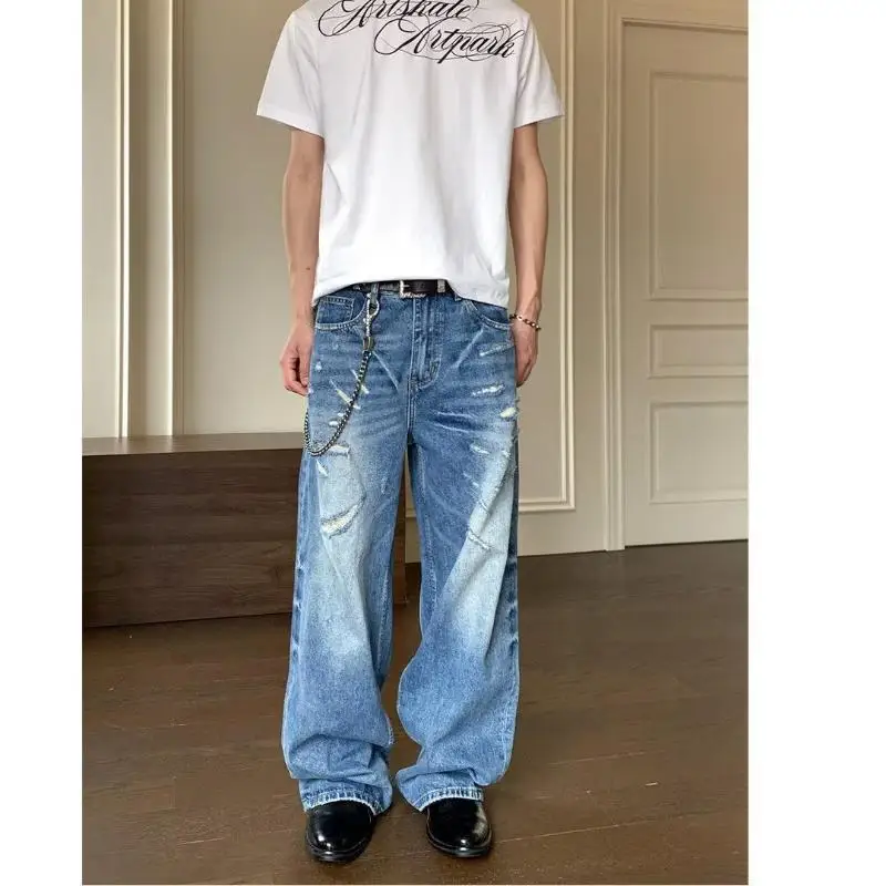 Men's Grasp The Grain Distressed Jeans Casual Pants Summer Boy Bottom Streetwear Wide-leg Trousers Male High Waist Sweatpants