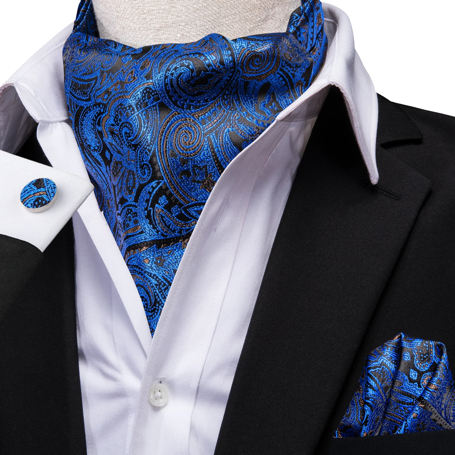 

Hi-Tie Silk Mens Ascot Hanky Cufflinks Set Jacquard Paisley Floral Vintage Cravat Tie Wholesale for Male Wedding Business Gift