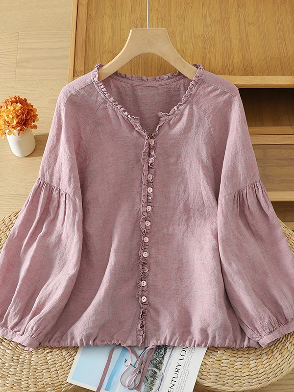 Washed Linen Shirt Large Size Women's Fashion Ear Look Collar Drawstring Hem Corded Lace Neck Top Autumn Color Weave Commute ...