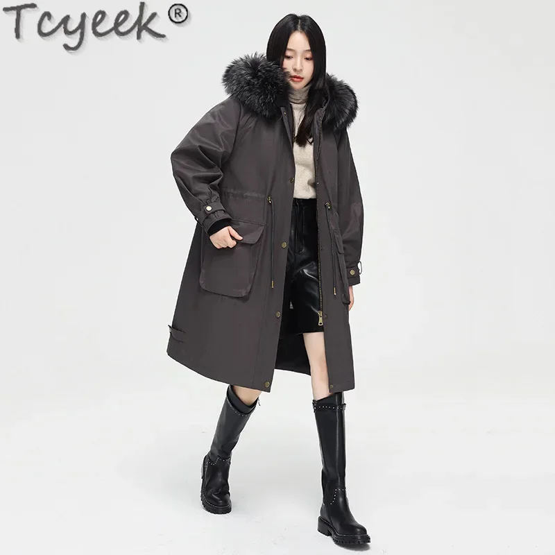 Tcyeek-Manteau à col en fourrure de raton laveur pour femme, Doublure amovible en lapin Rex, Veste chaude, Vêtements d'hiver, Parka, Nouveau, 2024