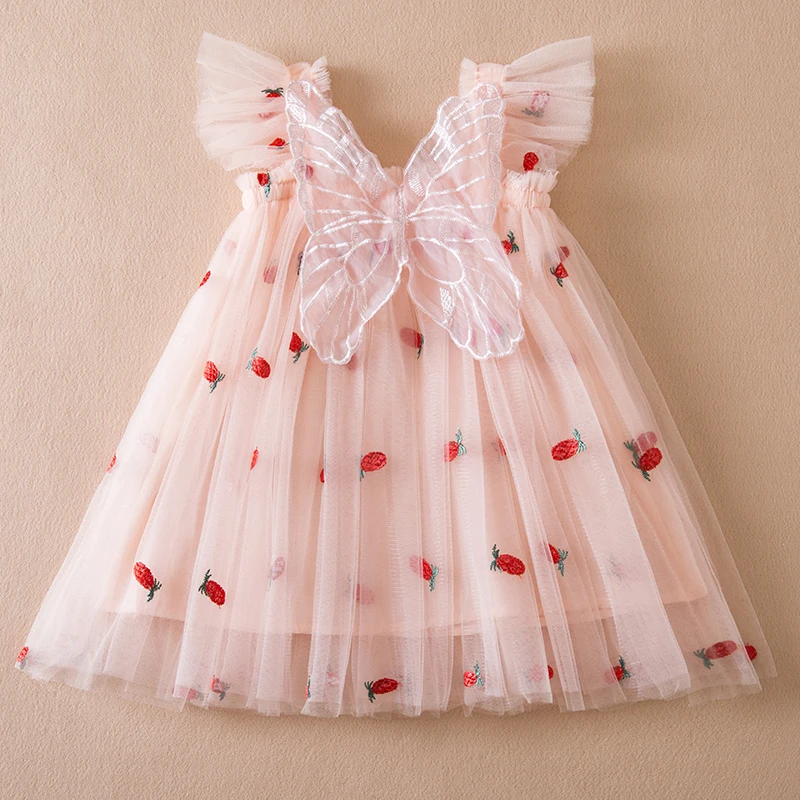 Baby Butterfly Dress with wings Cute Girl Embroidery Strawberry Summer New in Dresses Newborn Tulle Clothes For Party Birthday