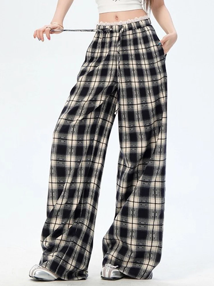 Y2K High Waist Checkered Pants Women Lace Wide Leg Slimming Relaxed Casual Pants Fashion