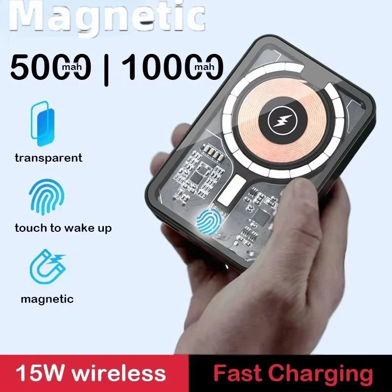 10000mAh Wireless Transparent Power Bank External Auxiliary Battery Fast Charging Magnetic Powerbank For iPhone Xiaomi Samsung