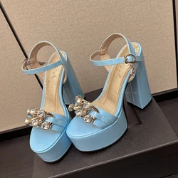 Summer Platform Super-High Heel Sandals Female Round Toe Solid Color Patent Leather Metal Rhinestone Decorative Fashion Sandals