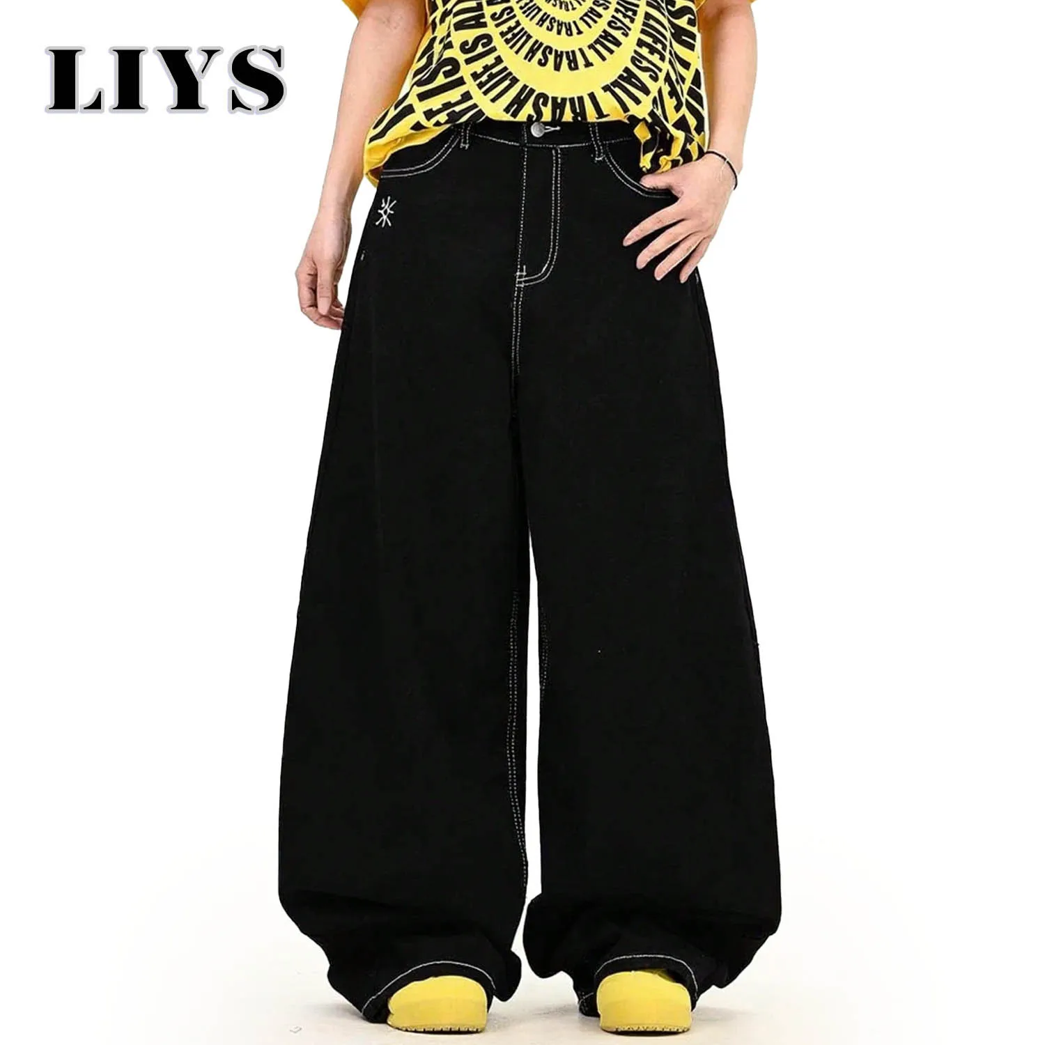 Clássico preto retro bordado solto perna larga jeans feminino xadrez retalhos baggy calças jeans unisex roupas jeans