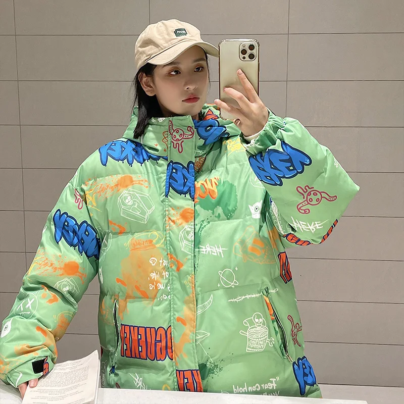 Fashion Y2K Streetwear Printing Hooded Puffer Jacket Women Kawaii Cartoon Casual Zip-up Coat Ladies Winter Thick Warm Outwear