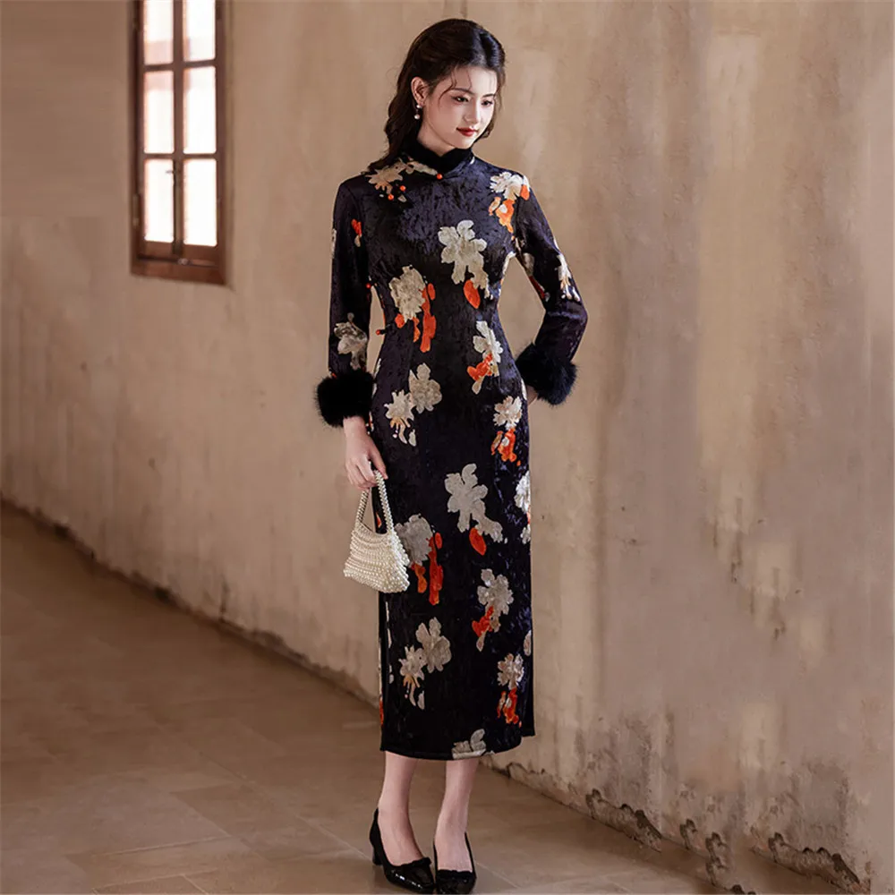 

Традиционное вельветовое длинное платье-ципао с принтом и воланами на рукавах, винтажное классическое китайское платье, элегантное, сексуальное, приталенное, с разрезом, для женщин