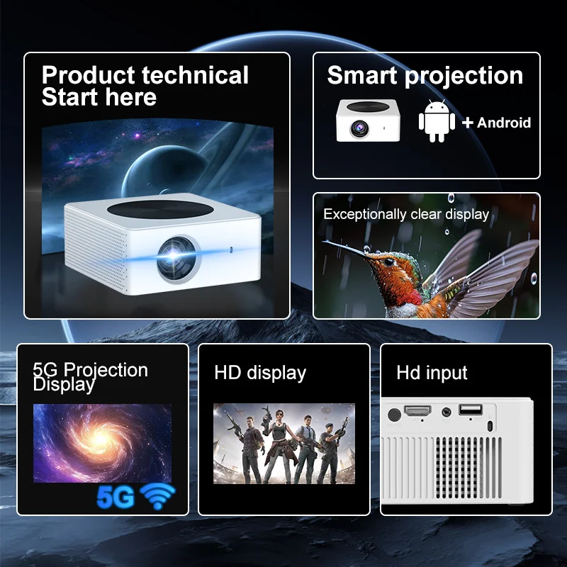 جهاز عرض TJXL-2025 صغير يعمل بنظام أندرويد مع حامل Gimbal واي فاي عالي الدقة 4K وصب الشاشة للسينما المحمولة في غرفة النوم/الخارجية