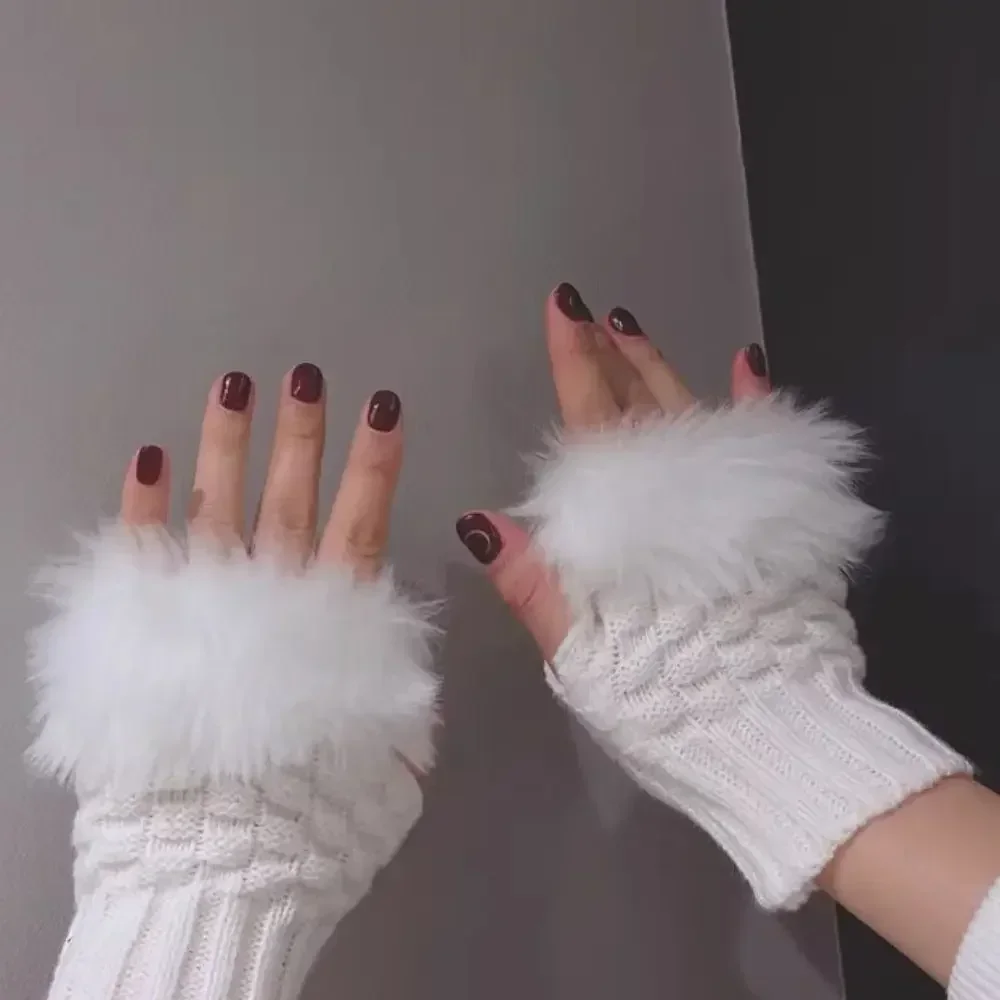 Y2k Style Women's Winter Gloves Faux Fur Knitting Hand Warmer Women Half Finger Gloves Wrist Mittens Writting Arm Wrist Gants
