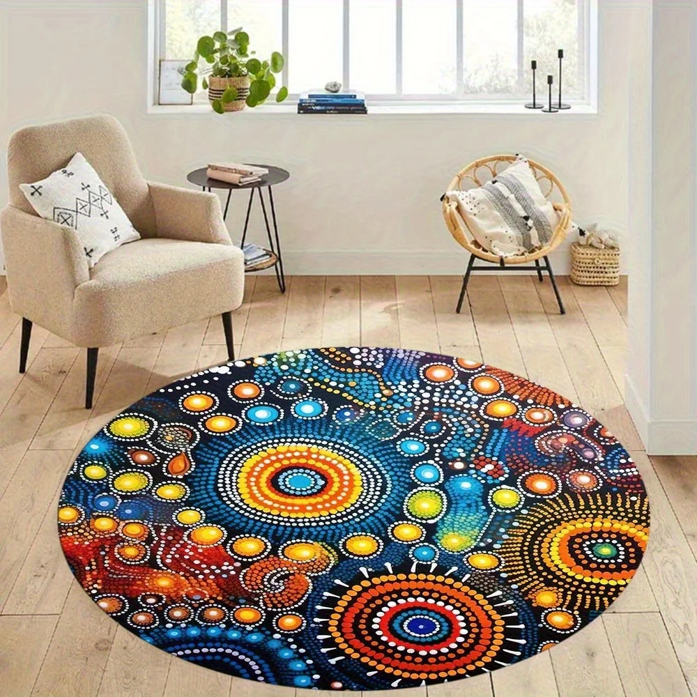 

Crystal velvet carpet1pc Non-Slip Area Mat - Modern Mandala Dot Painting in Blue, Orange, Yellow, Black, Non-Woven Fabric