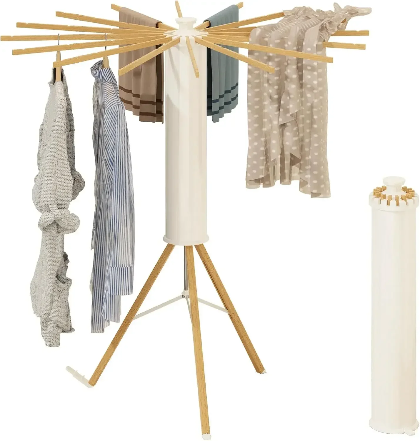 

Tripod Drying Rack, Foldable Octopus Standing Drying Rack Clothing with 16 Wood Drying Arms, Round Collapsible & Portable Handle