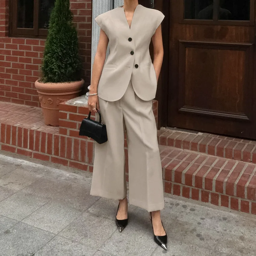 Khaki Suit Vest 2 Piece Set Spring V Neck Sleeveless Waistcoat+High Waist Pants Sets Elegant Fashion Casual Women's Suits New