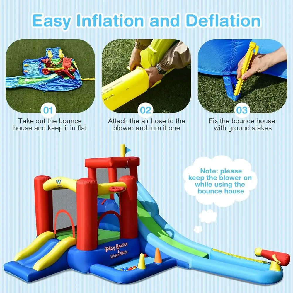 Waterbounce House, 9-in-1 gigantisch iatable waterpark voor buiten met ballenbak, splashpool, klimmuur, opblaaswater