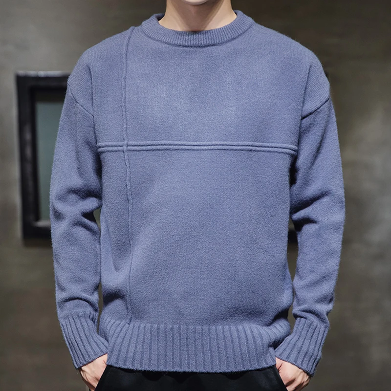 Sweater rajut lengan panjang pria, pakaian Pullover leher bulat Slim Fit musim gugur 2023, Sweater rajut warna Solid leher O A32