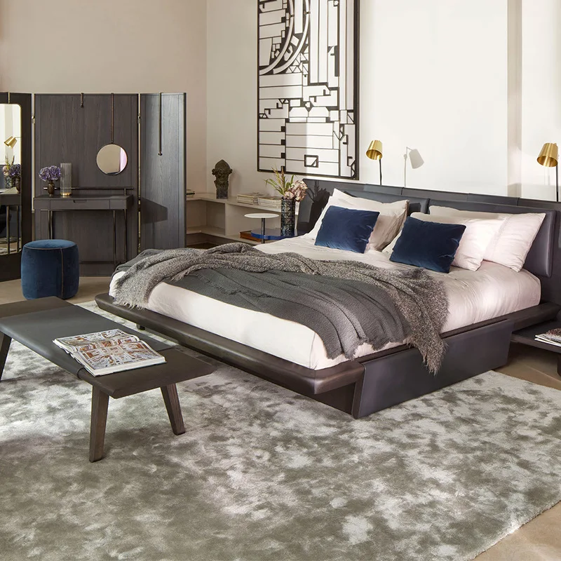 Personalización de cama de boda de cama de dormitorio principal de villa de piso plano grande de estilo italiano
