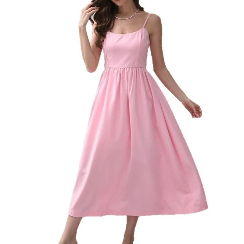 

Elegant Spaghetti Straps Open Back Mid Length Formal Dress Pink