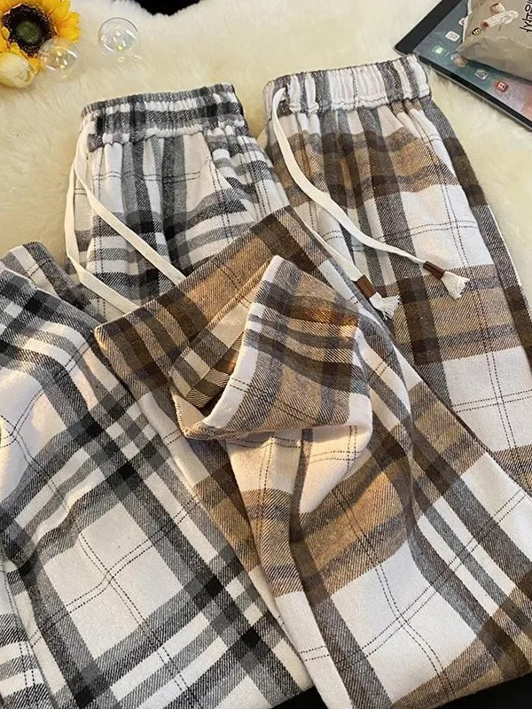 Plaidcasual Men's Pants 2023 Autumn/winter Japanese Vintage Checkered Straight-leg Loose-fit Idle Style Bell Bottoms