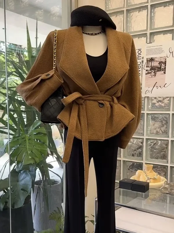 

Fashionable Short Woolen Coat Women's Spring Season Slimming Design Commute Style Long Sleeve Double Breasted Pure Color
