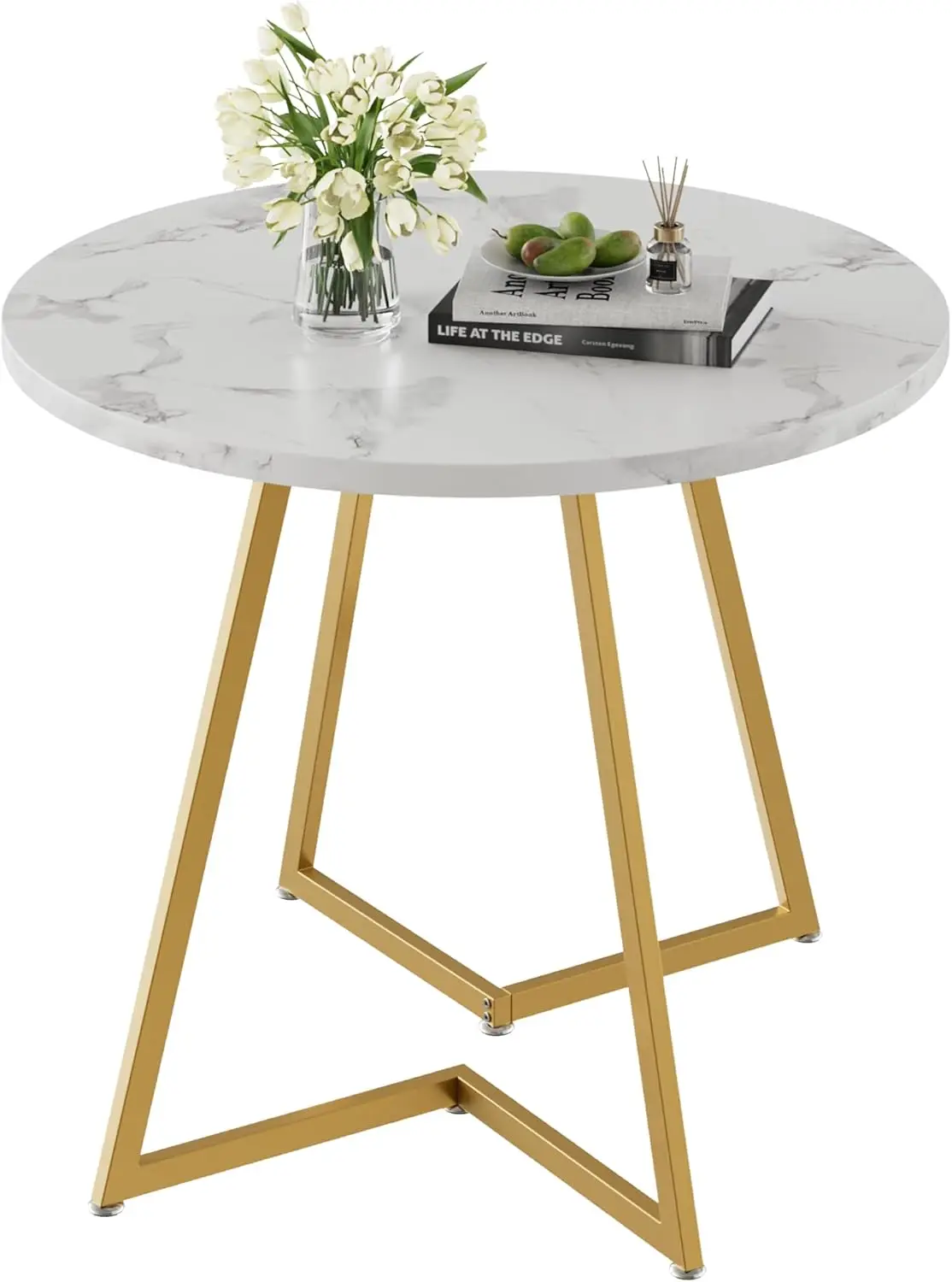 

Round Dining Room Table with Wood Grain Tabletop and Steel Frame, for Living Room, Office, Conference, 2 to 4 Person