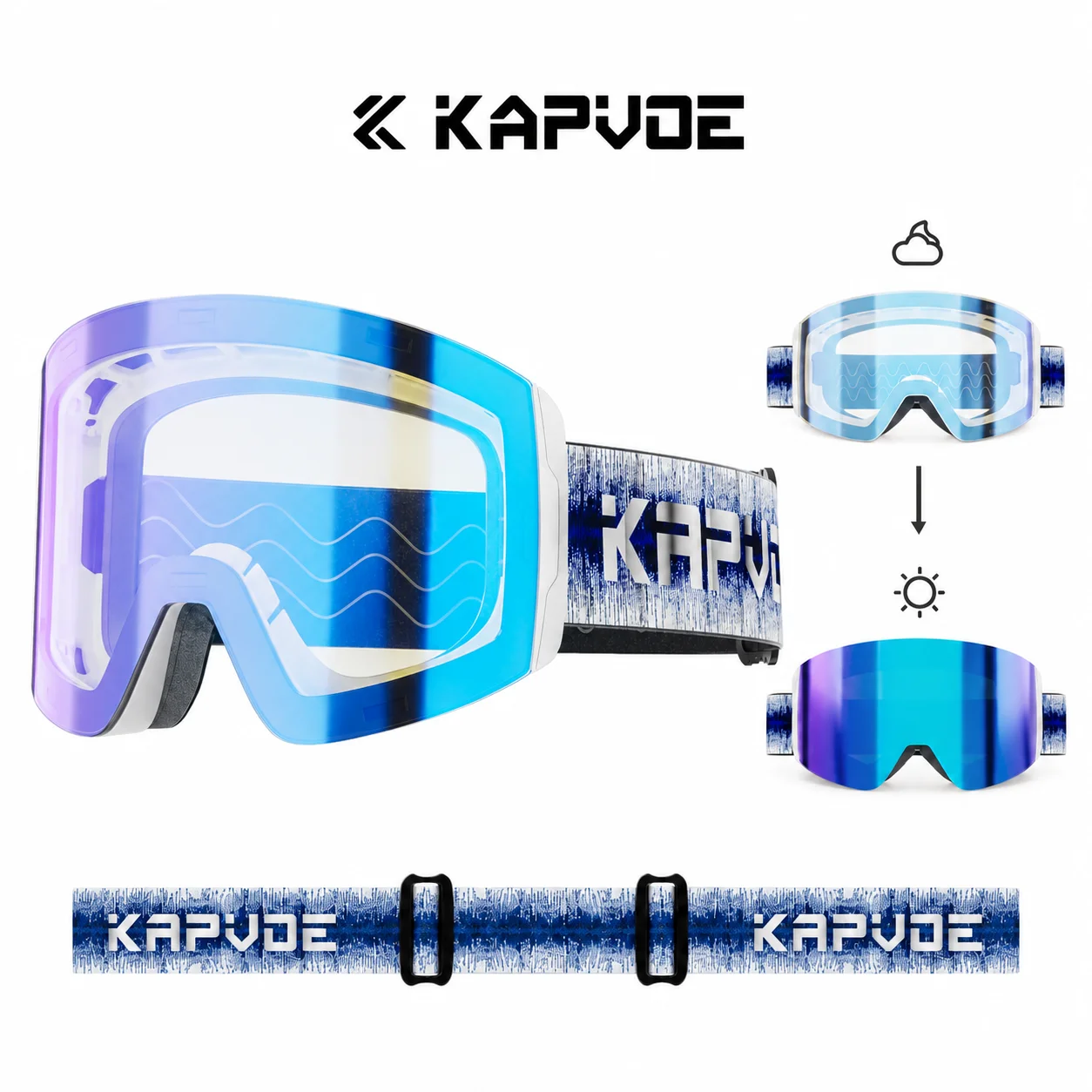 Ski Goggles Magnetic Quick Change Lens - แว่นตาสกีแม่เหล็ก KAPVOE เลนส์ทรงกระบอก เปลี่ยนเลนส์ได้รวดเร็ว ตัวเลือกเลนส์ปรับแสงอัตโนมัติ สายรัดปรับได้