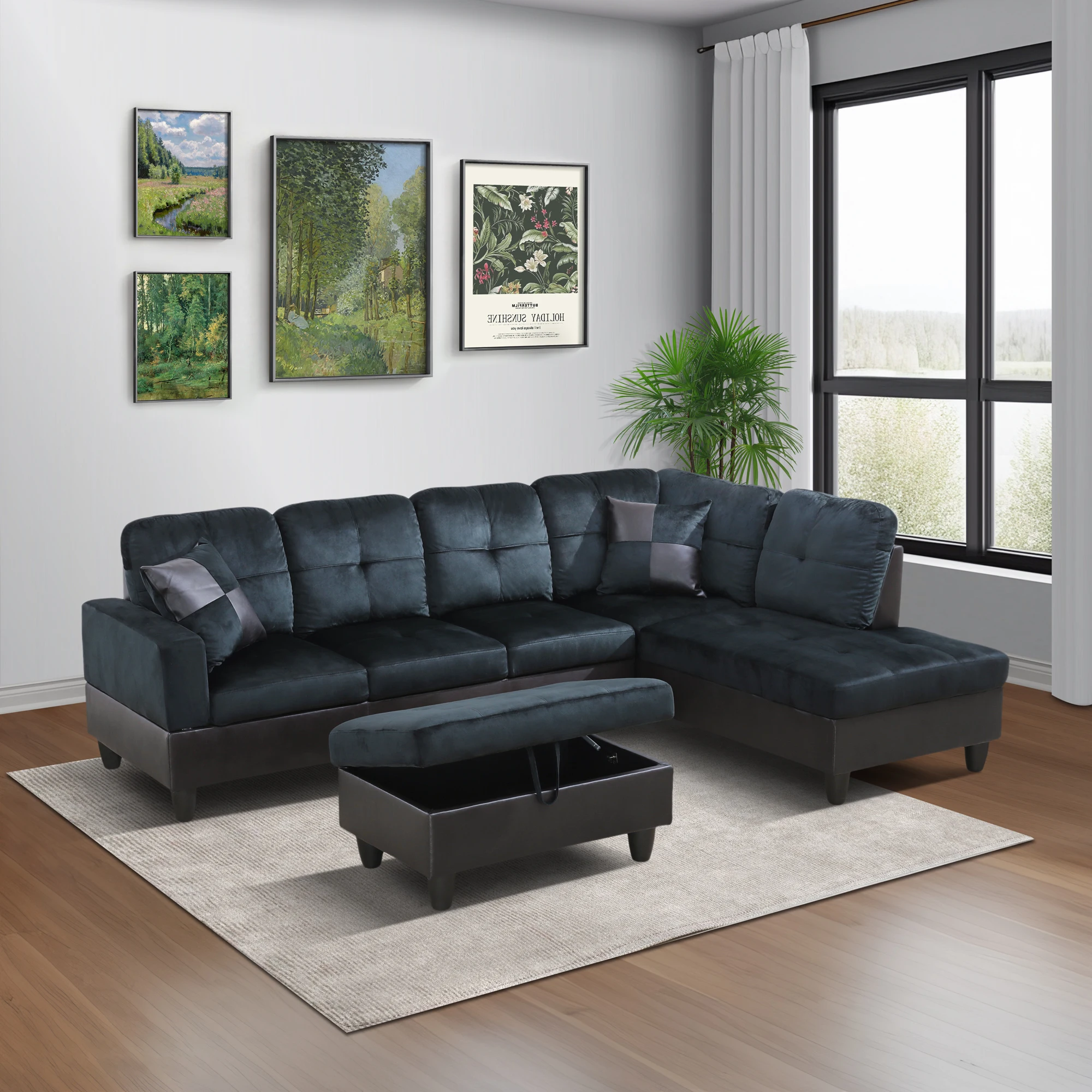 Nordic Dark Blue and Brown Color Lint and PVC 3-Pcs Couch Living Room Sofa Set Luxurious and Comfortable simple Couch Furniture