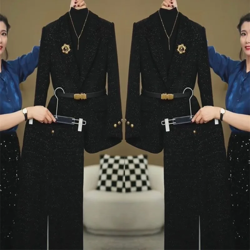 

New High End Autumn Winter Two Piece Set Women Korean Fashion Tweed Lapel Long Sleeve Blazer Jacket + Wide Leg Pants Formal Suit