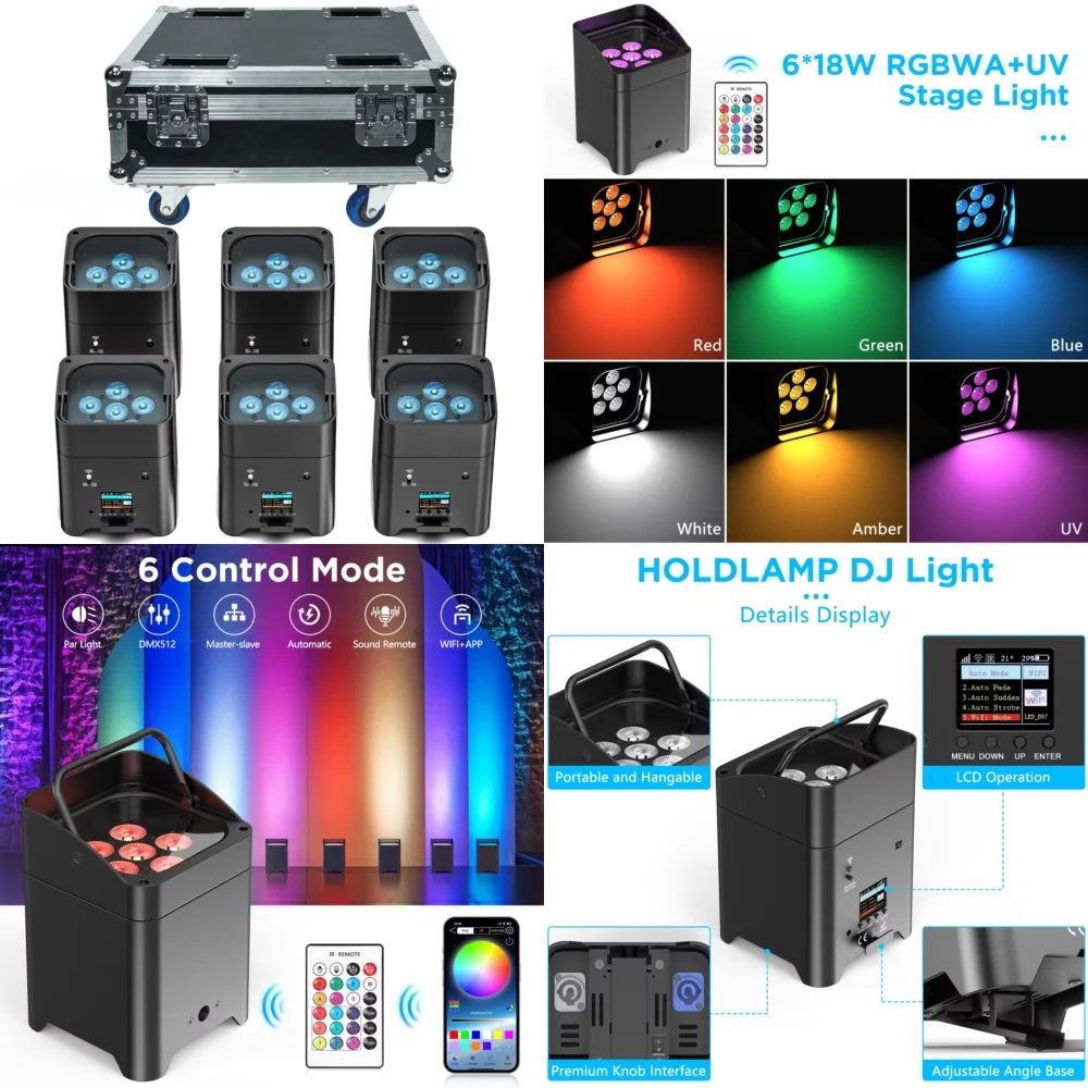 

6 светодиодных прожекторов LED Par с зарядным кейсом, 108 Вт, RGBW UV 6-в-1, аккумуляторные, для сценического освещения на свадьбы, вечеринки, в залах