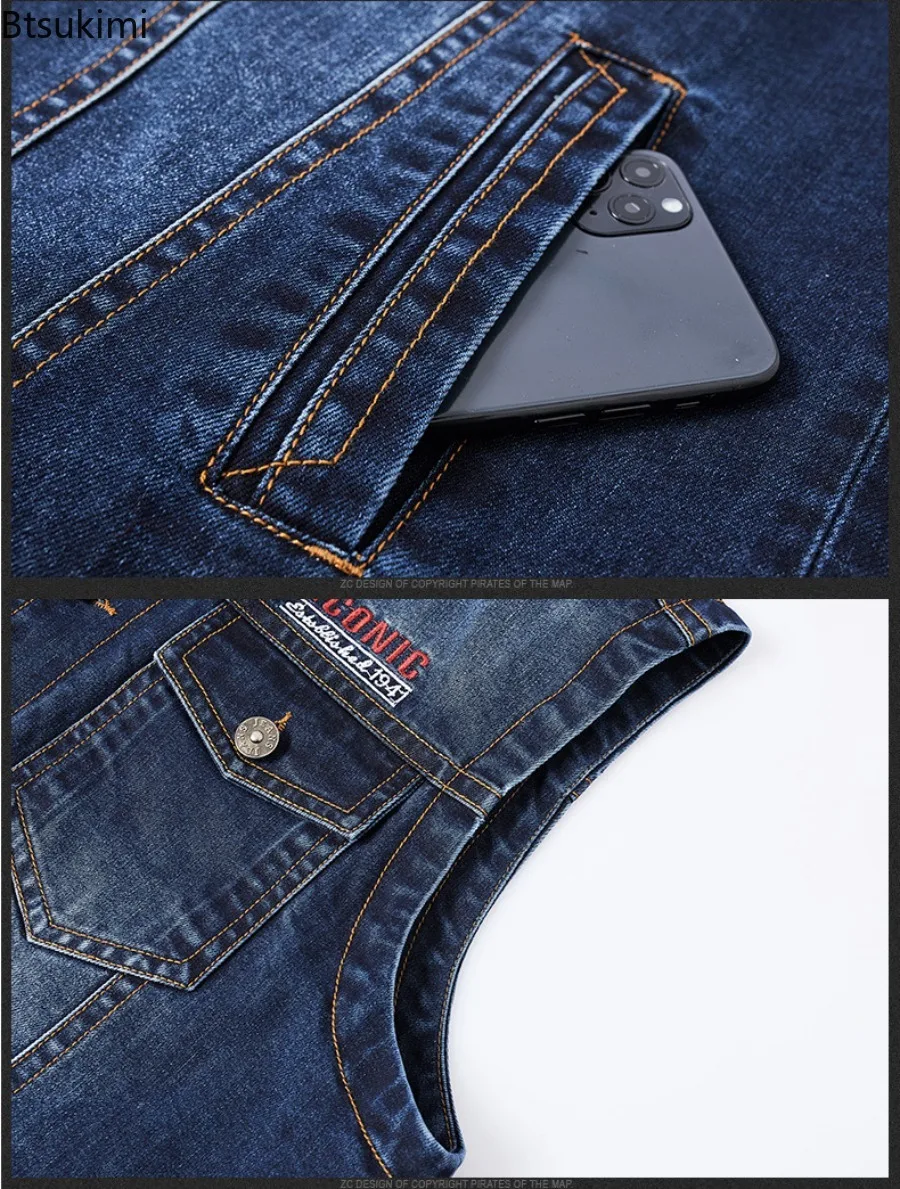 Gilet di Jeans da uomo nuovo gilet di Jeans senza maniche stile moto Casual Multi-tasca con stampa Hip Hop da uomo
