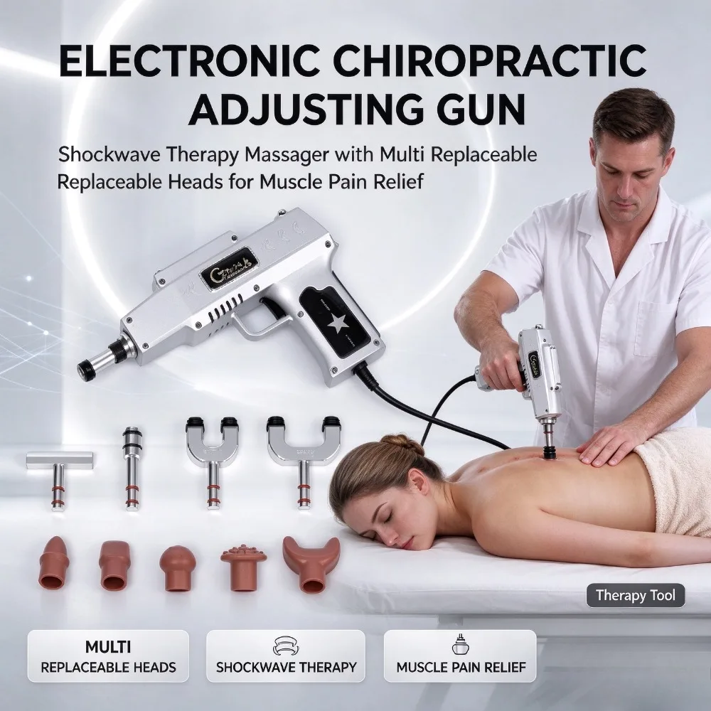 Portable Electronic Chiropractic Adjusting Gun, Shockwave Therapy Massager with Multi Replaceable Heads for Body Muscle