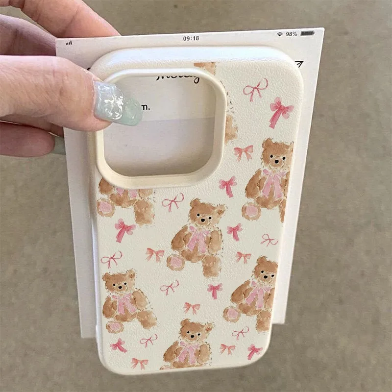เคส TPU ลายหมีโบว์สีชมพูน่ารัก สำหรับ iPhone 17 Pro Max 16 Plus 15 14 13 12 11 XS XR X 16E 17 Air ป้องกันการกระแทก เคสนิ่ม TPU