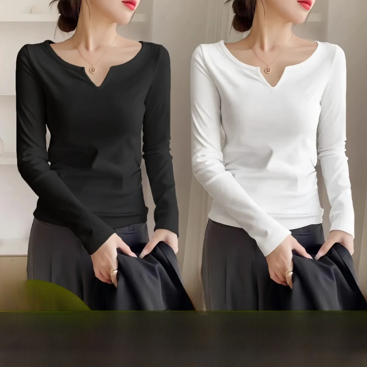Warm Thermal V-Neck Long Sleeve Women's T-Shirt Base Layer Shirt Slim Fit Inner Wear Winter New Style Lieoyuarn Fashion Brand