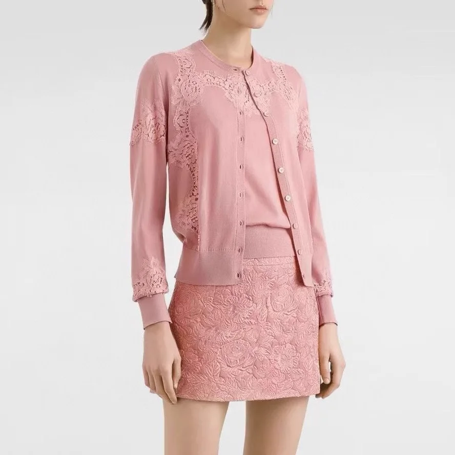 

High Quality 100% Wool Sweater Fashion Women's Knitted White Top Elegant Ladies Pink Cardigan Lace