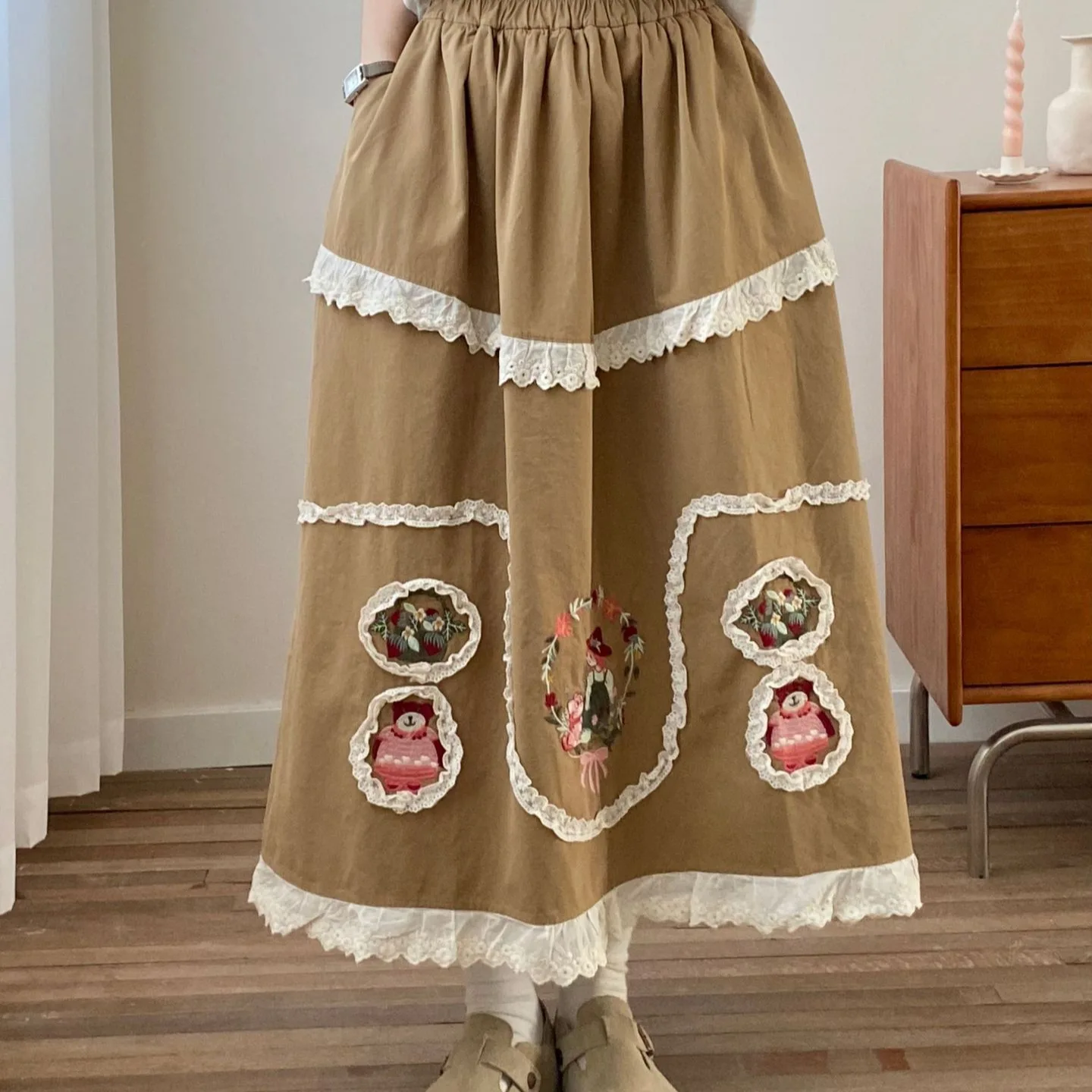 

Summer New Sweet Mori Girl Cartoon Embroidery Cotton Skirts Women Japanese Vintage High Elastic Waist Casual Loose A-Line Skirts